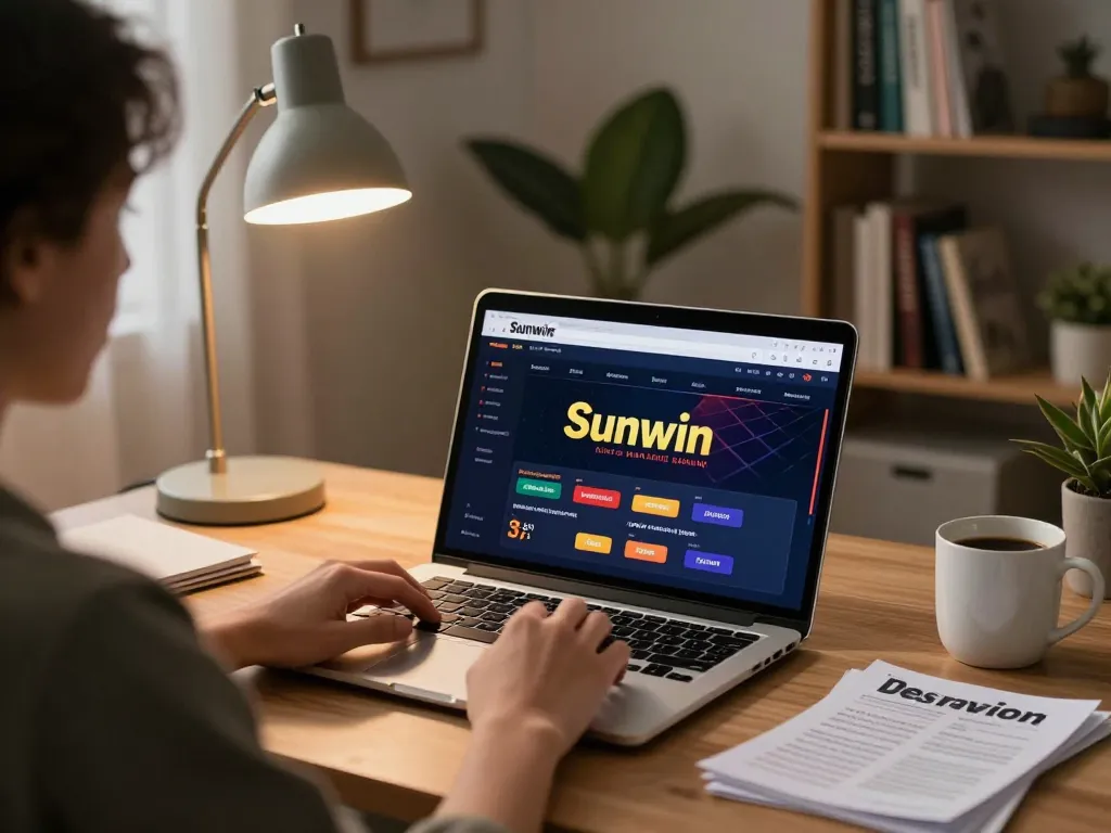Engaging with Sunwin betting platform on a laptop in a cozy home office.