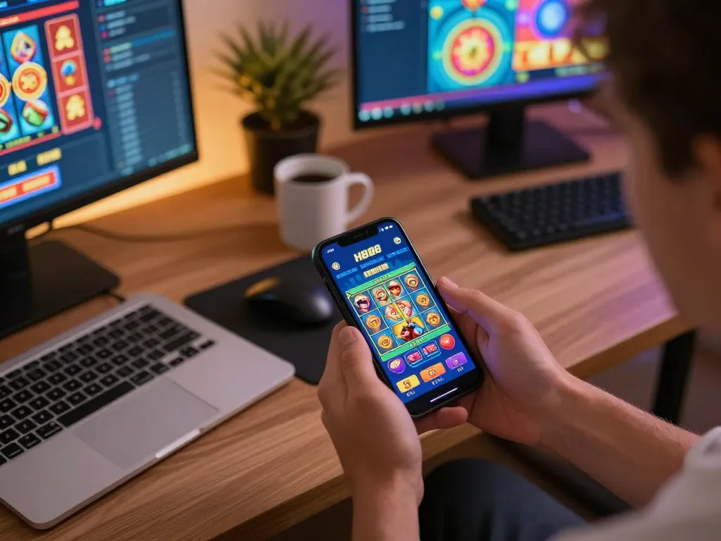 Experience the thrill of playing HB88 on mobile, showcasing vibrant slot games in a cozy setup.