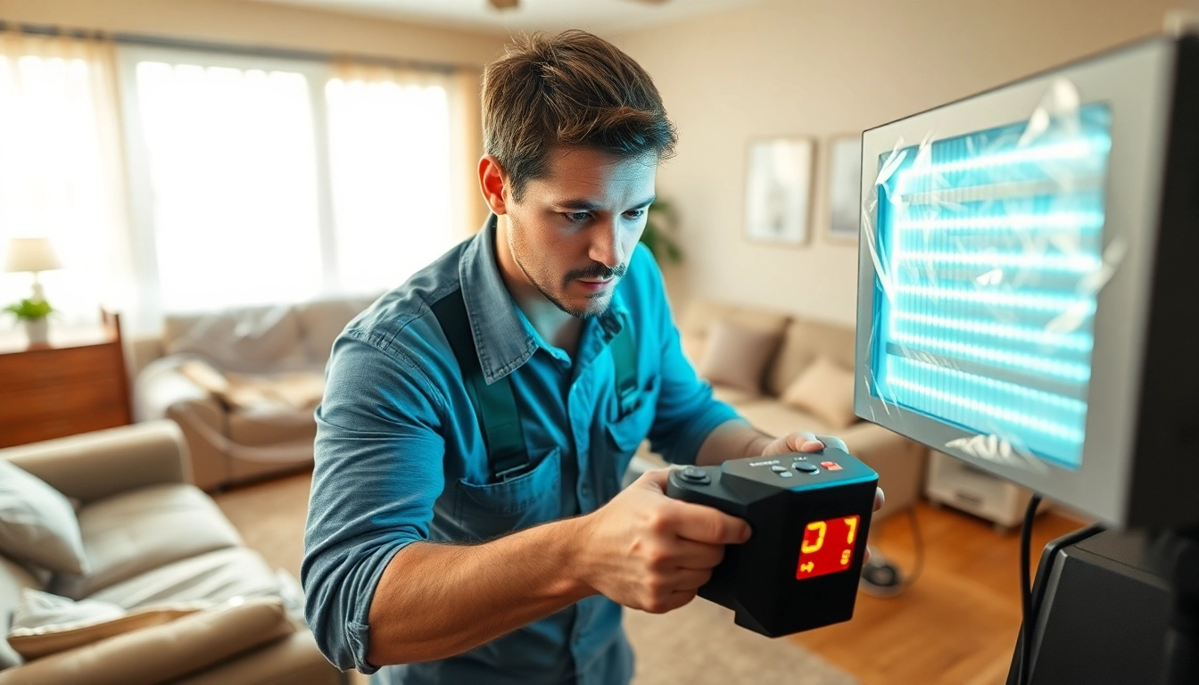 Technician conducting bed bug heat treatment with advanced equipment in a clean living room.