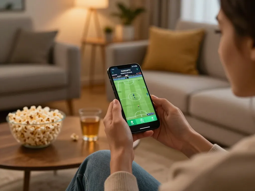 Engaging with the CAKHIATV app for live sports betting in a cozy home setting.