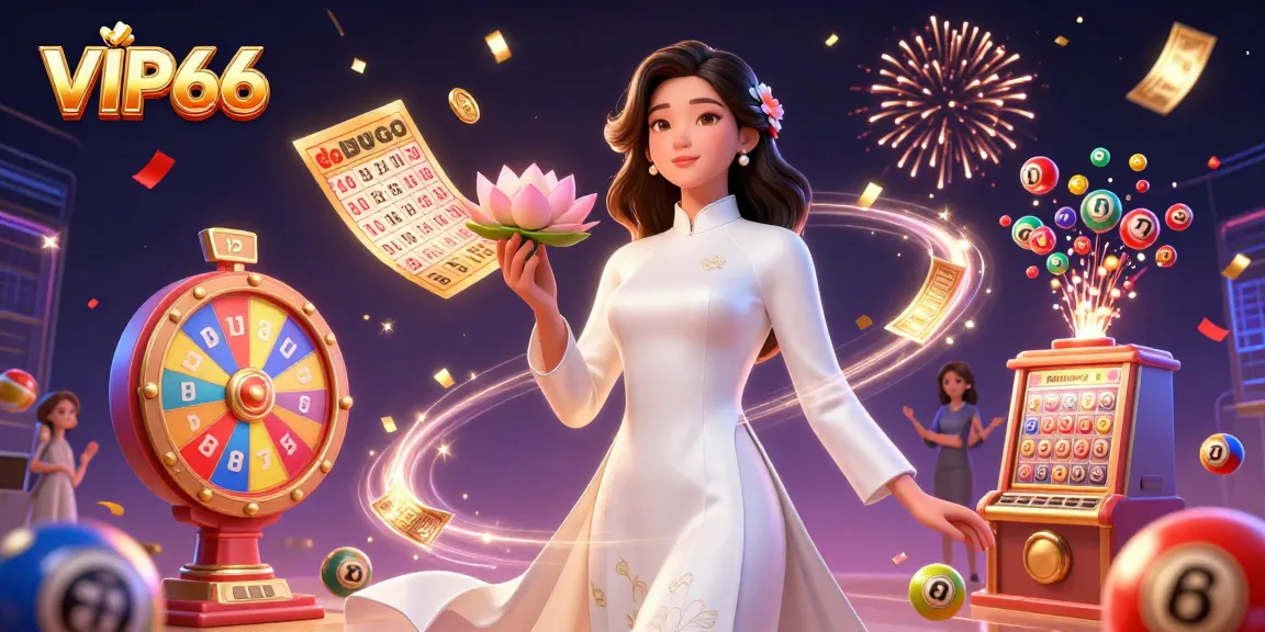 VIP66 offers dynamic lottery excitement with elegant Vietnamese themed casino illustration.