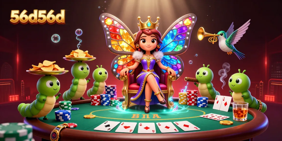 Imersão no universo de 56d56d com a rainha das borboletas no trono de flores rodeada por poker e fichas.
