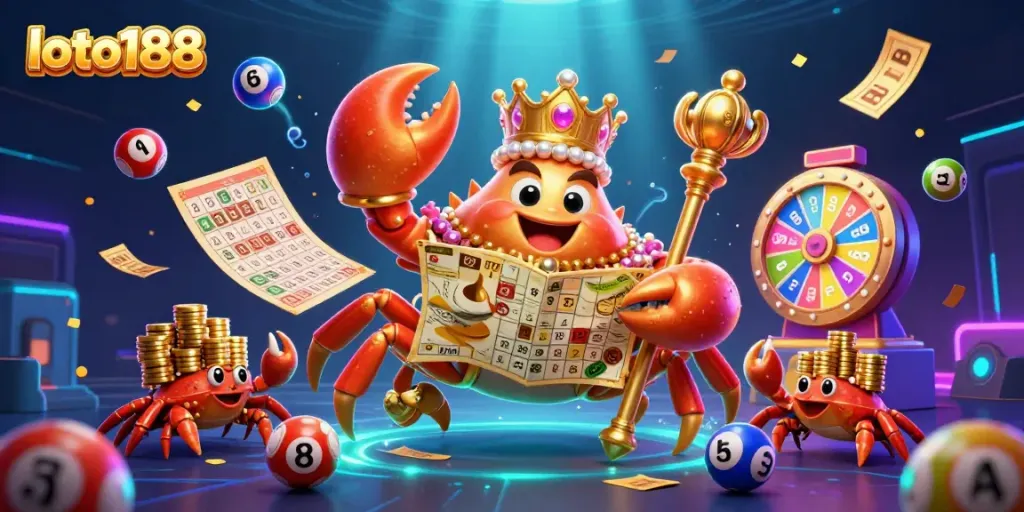 Experience the vibrant loto188 world with a golden crab emperor leading the treasure hunt in an exciting online casino scene.