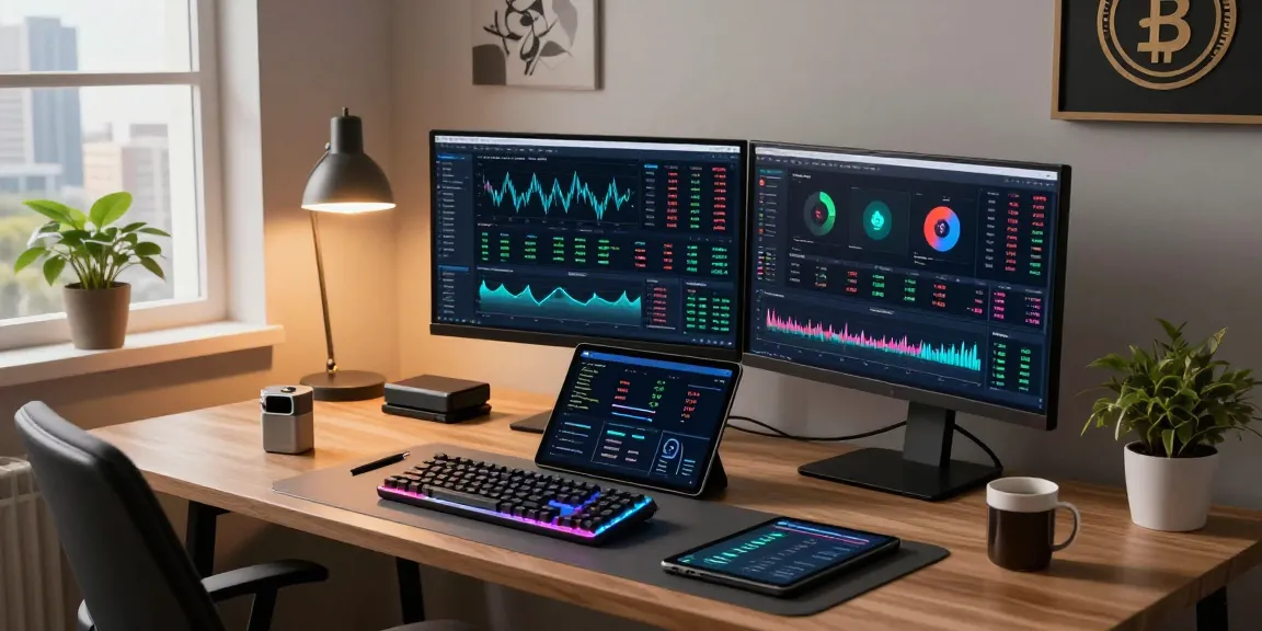 Crypto mining without equipment in a modern tech workspace featuring live cryptocurrency analysis, blockchain security tools, and digital wallets.