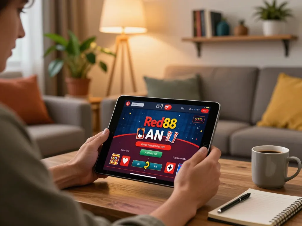 Experience Red88 gaming in a cozy home setting with vibrant tablet action and strategic notes