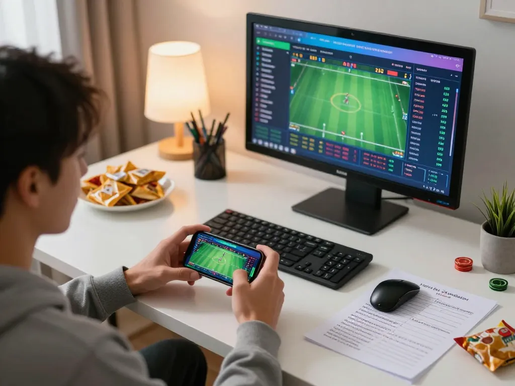 Player enjoying sports betting on shbet app, highlighting responsible gaming atmosphere with snacks and strategy notes