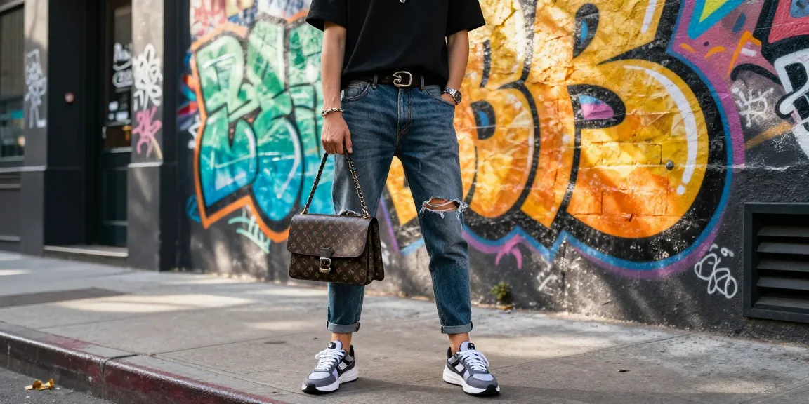 Fashionable individual in stylish 레플리카 outfit posed against vibrant graffiti in an urban setting.