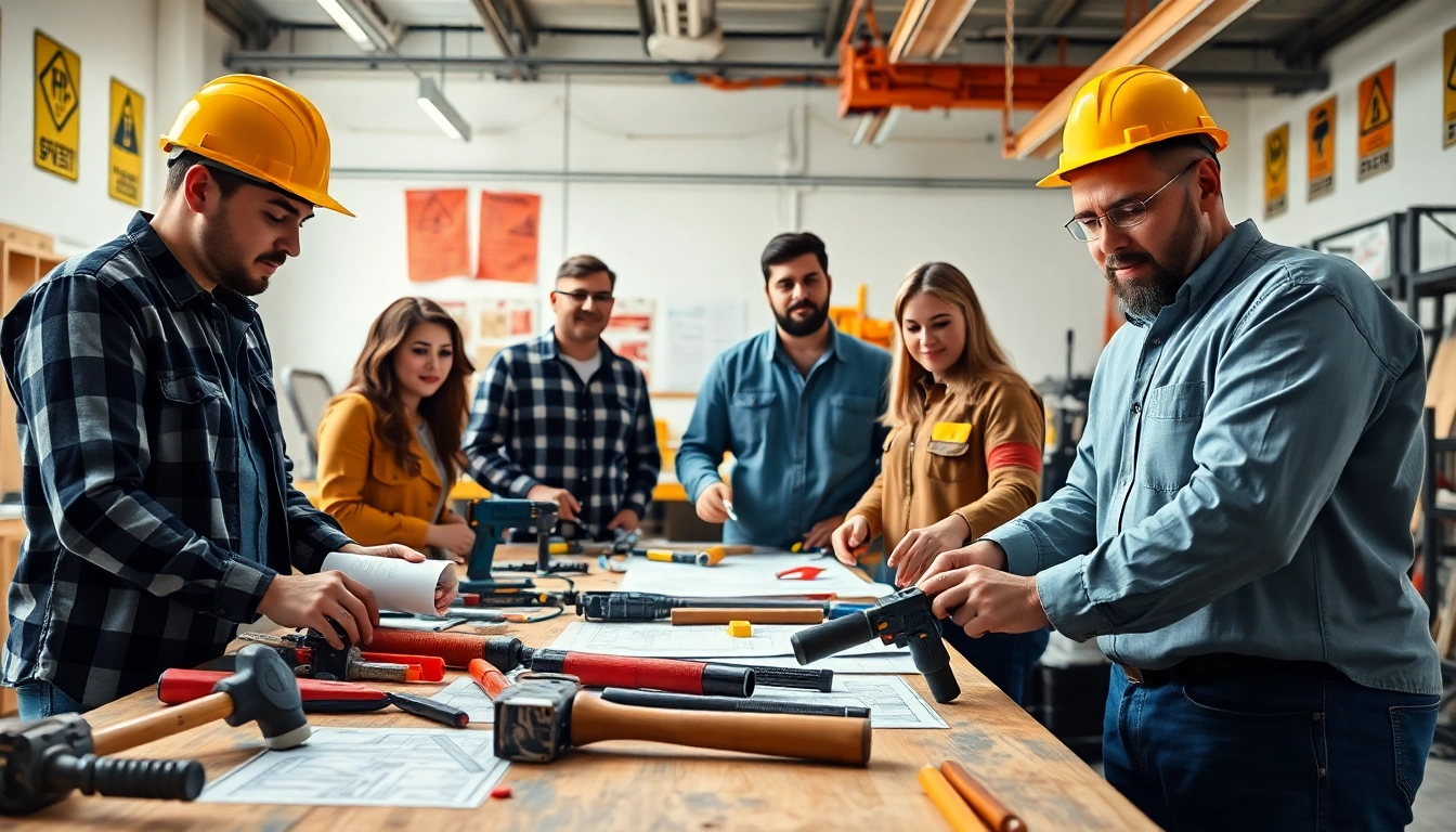 Engaging construction training session with participants learning hands-on skills.