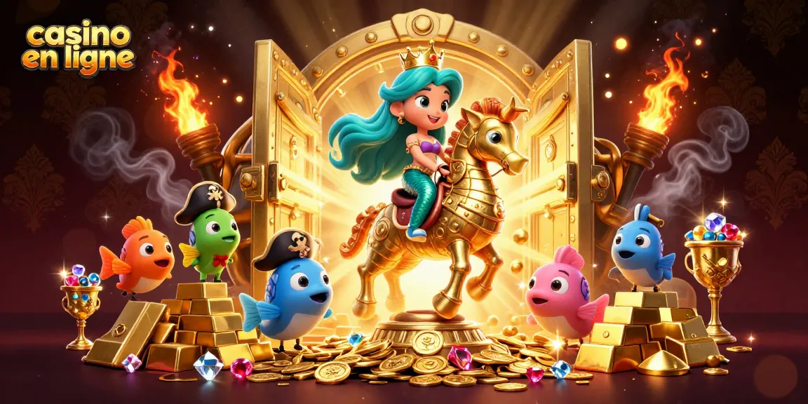 Vivez l'excitation du casino en ligne avec une princesse sirène et des trésors dans cette scène vibrante.