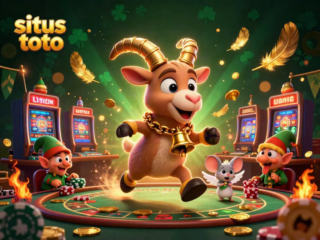 Experience excitement with situs toto in a festive casino scene featuring playful characters and dynamic gaming elements.