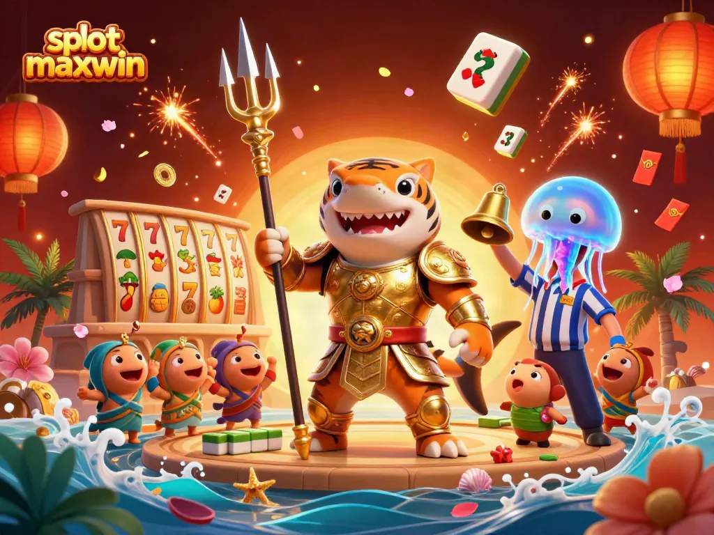 Experience the thrill of slot maxwin with a dynamic scene featuring a fierce tiger shark in a casino setting.