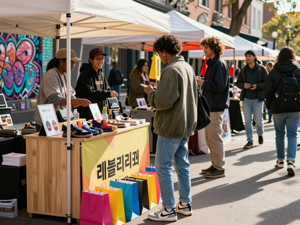 Shopper exploring stylish 레플리카 fashion items in vibrant urban marketplace.