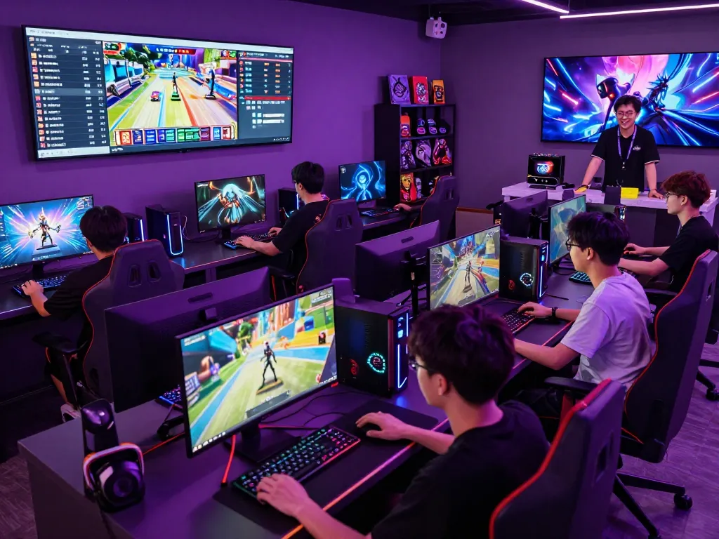 Exciting mantra88 gaming lobby with diverse players, neon accents, and vibrant atmosphere.