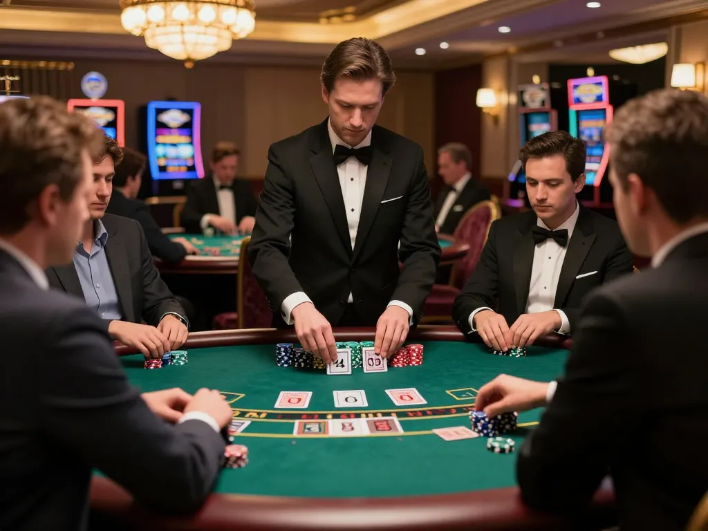 Pemain Wma-minelife merancang strategi di meja blackjack mewah di kasino yang meriah