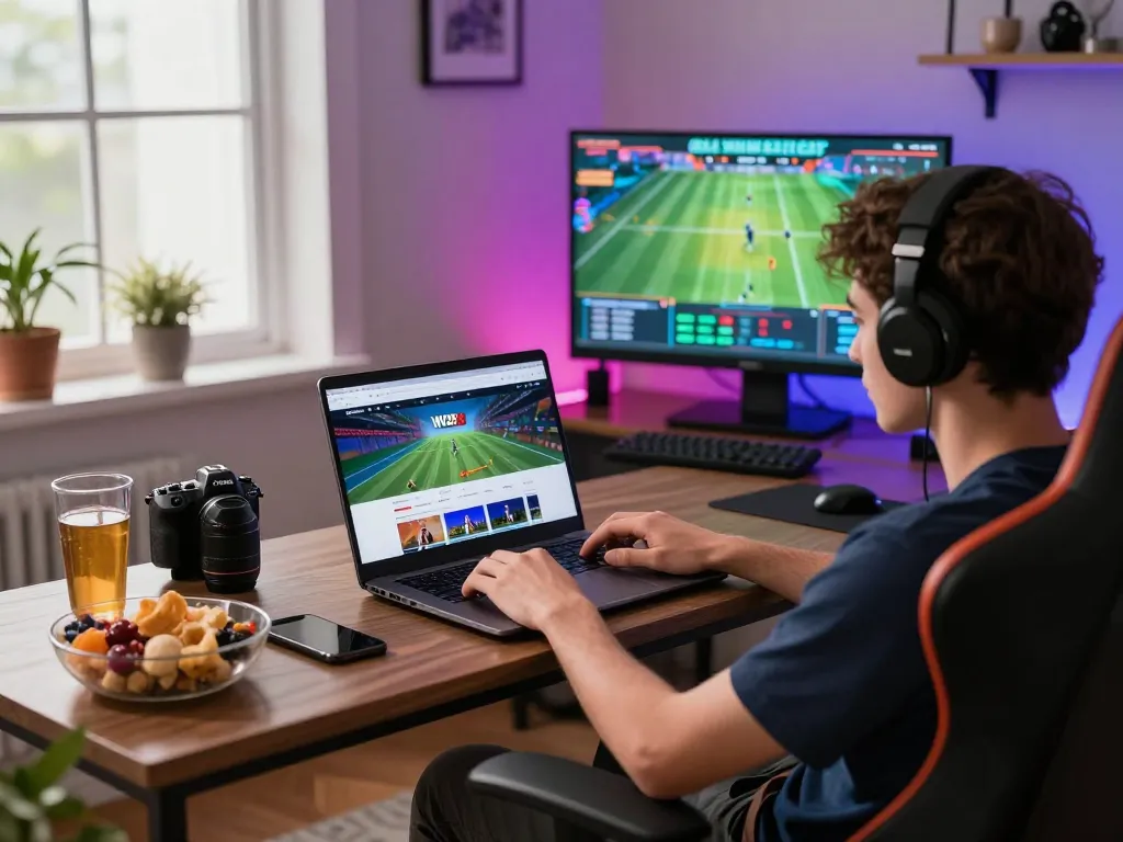 Engaged user exploring W88 sports betting on a laptop amid a vibrant gaming setup.