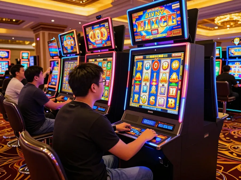 Pemain terlibat dengan mesin link slot yang cerah di kasino yang ramai, menunjukkan kegembiraan dan dinamika permainan.
