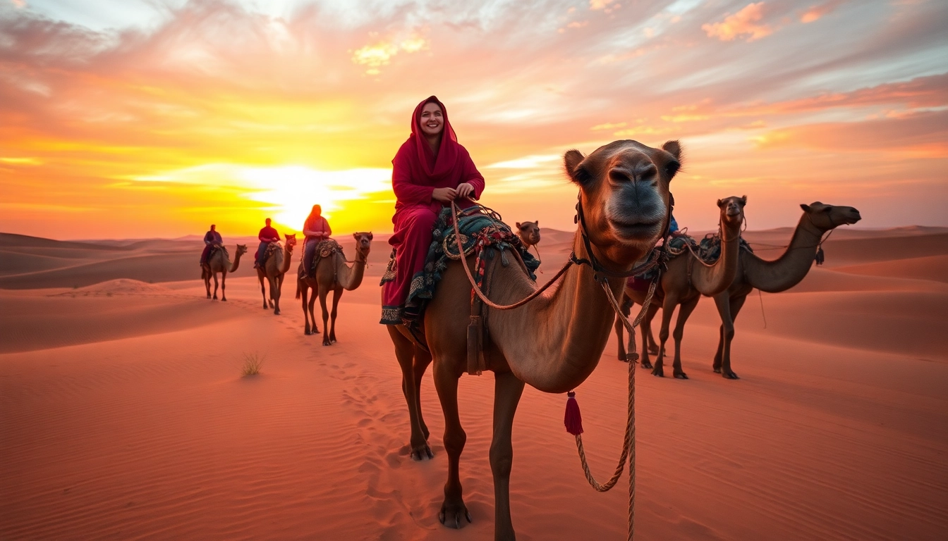 Agafay Desert camel ride at sunset showcasing serene dunes and joyful riders.