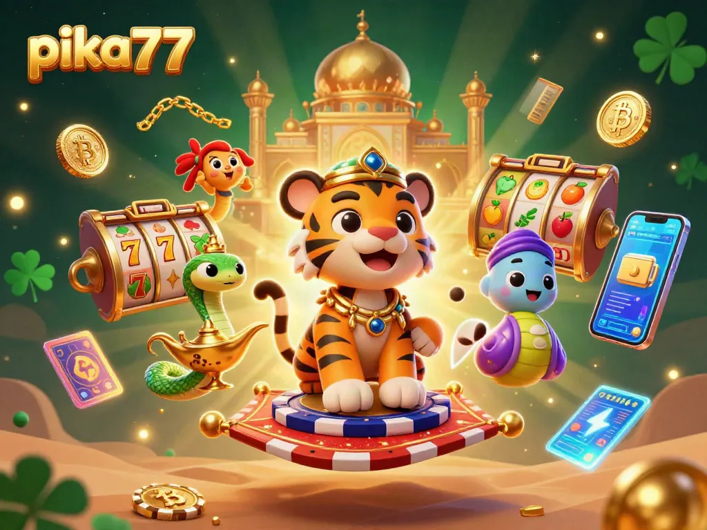 Engage with exciting gameplay at Pik77 and wild jackpot adventures in this dynamic casino illustration.