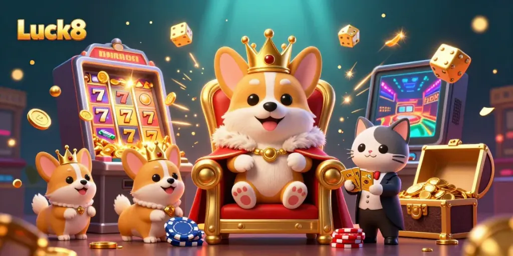 Experience luck with Luck8 as a royal corgi presides over a vibrant casino scene filled with games and treasures.