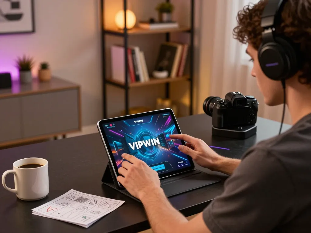 Engaged user playing VIPWIN on a tablet at home, showcasing comfortable online gambling.