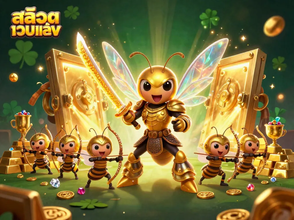 Experience สล็อตเว็บตรง action with 3D characters amidst treasures and dazzling effects in a vibrant casino scene.