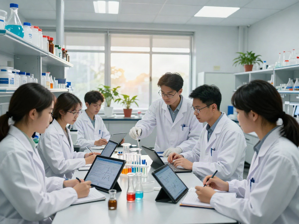 Research compounds supplier team collaborating on scientific experiments in a modern lab setting