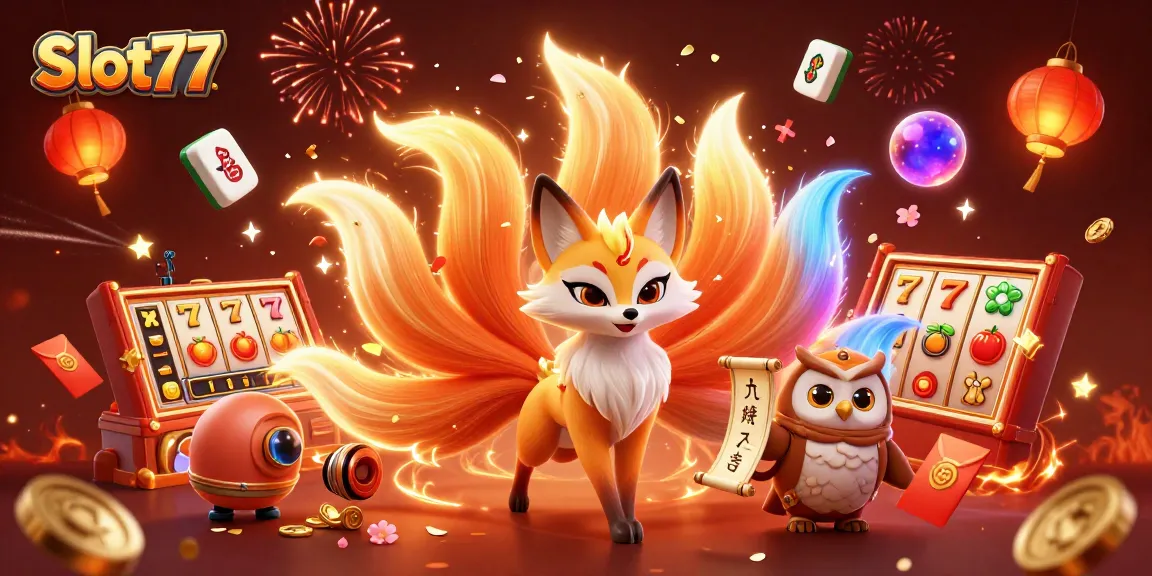 Menyenangkan di Slot77 dengan sembilan ekor rubah dan slot yang menawan, dikelilingi harta yang bersinar.
