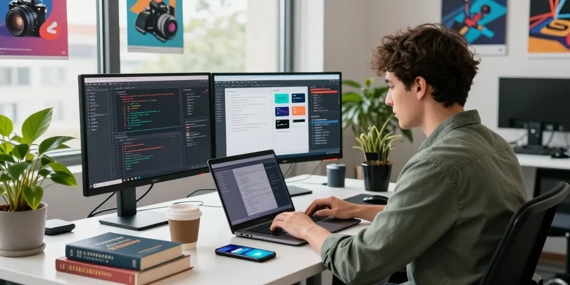 Developer in a modern workspace focusing on telegram china app download on multiple screens, highlighting tech atmosphere.