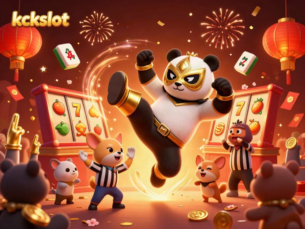 Panda petarung 3D dalam masker emas di kckslot menikmati permainan slot yang penuh warna.