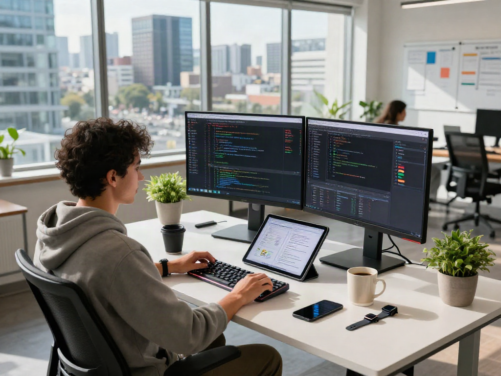 Developer coding on dual monitors showcasing bro138 software tools in a modern workspace.