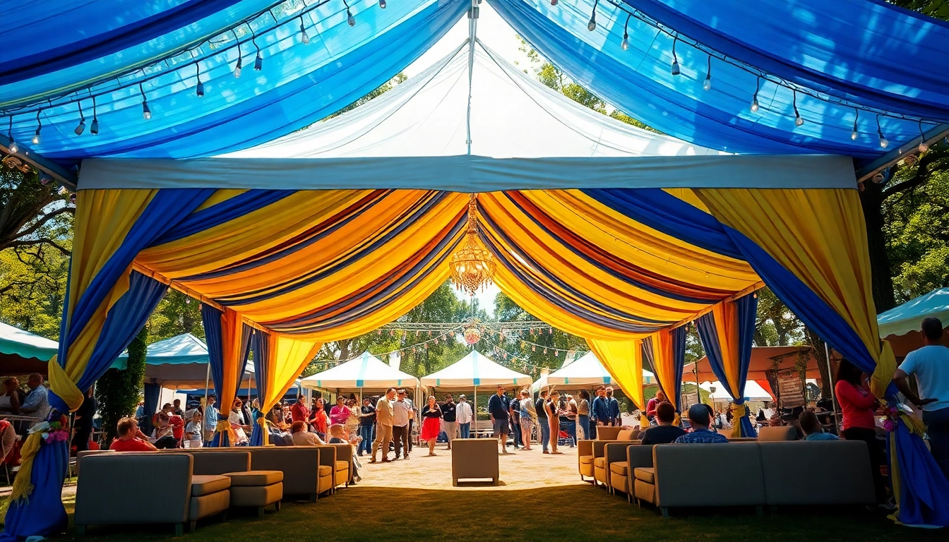 Enjoy a festive gathering under the spacious and colorful canopy tent outdoors.