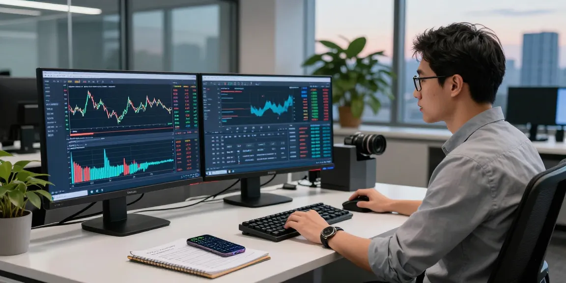 Trader analyzing MT5 charts and tools in a modern office setting.