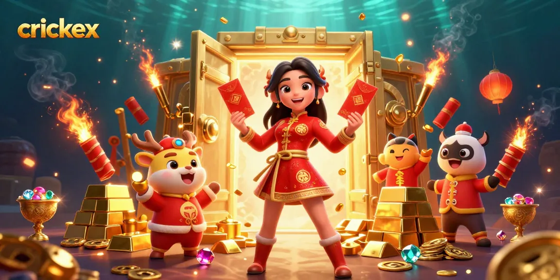 Experience crickex with a festive celebration featuring Asian characters, gold ingots, and dynamic casino elements.