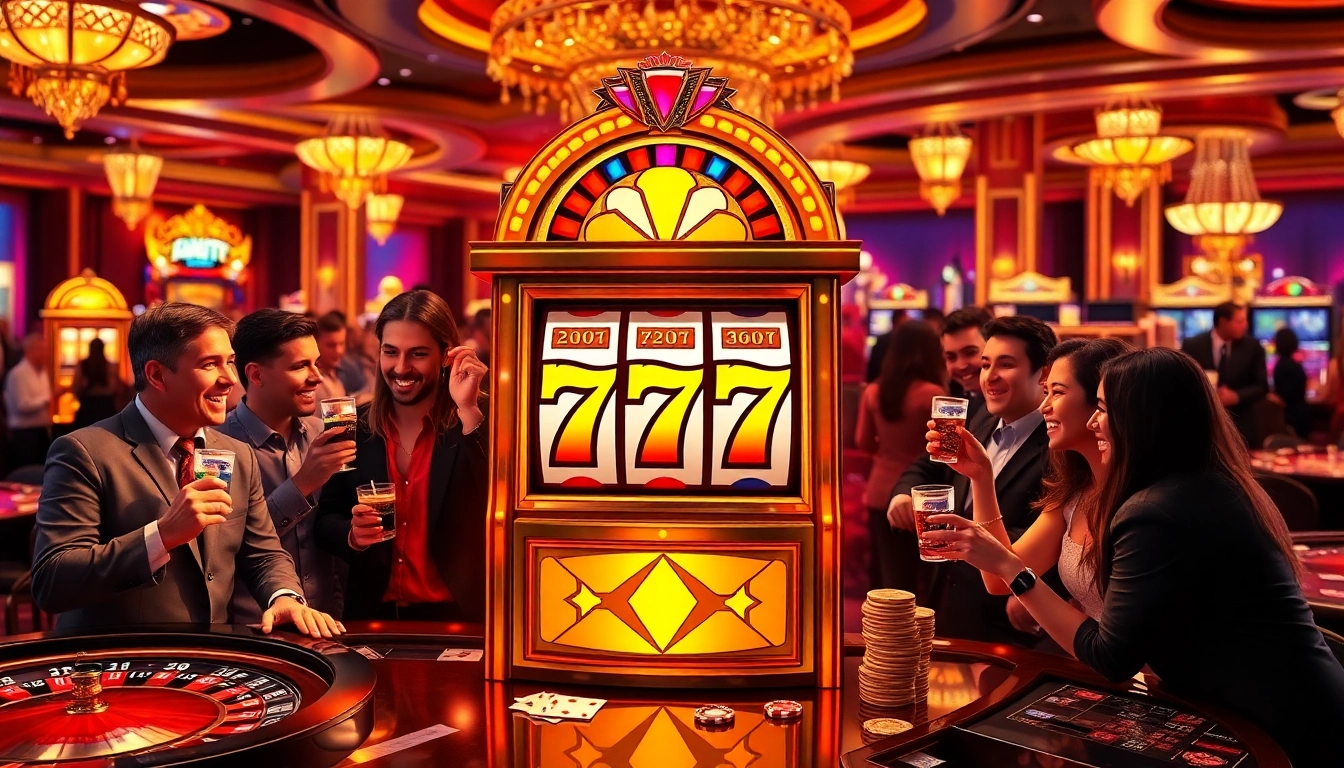 Players enjoying a thrilling slot 777 experience in a luxurious casino setting.