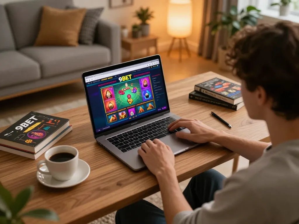 Engaged user gambling online at 9BET with vibrant game graphics on laptop in cozy home setting.