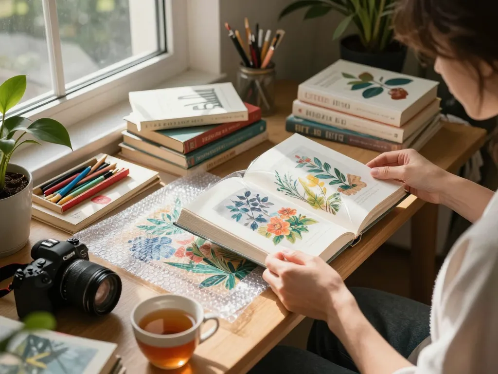 Learn cách bóc bìa ép plastic from a comfortable home scene emphasizing careful book and art preservation.