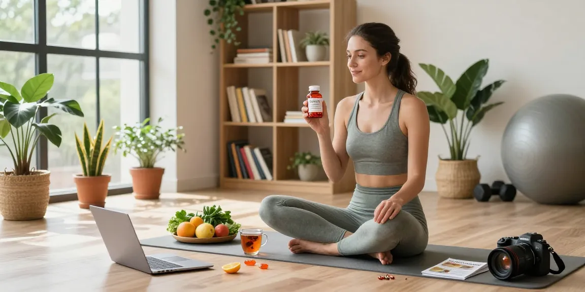 Woman practicing wellness with vegan astaxanthin in a serene studio.