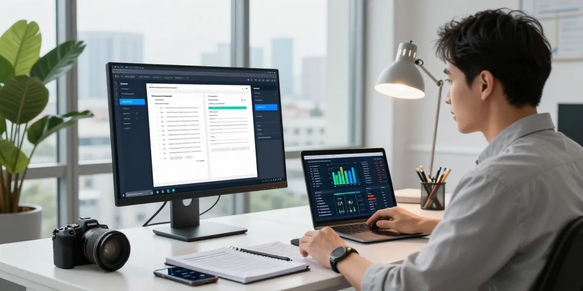 Data analyst utilizing document fraud detection software in a modern office.