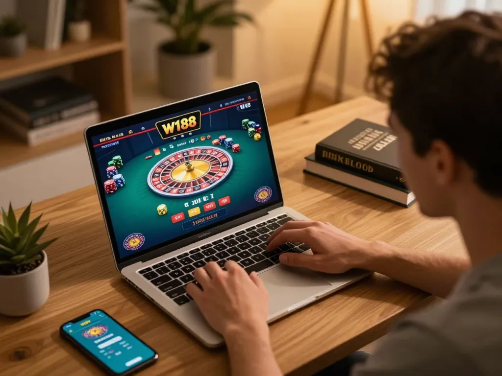 Player engaging in W188 online games using laptop with roulette interface visible.