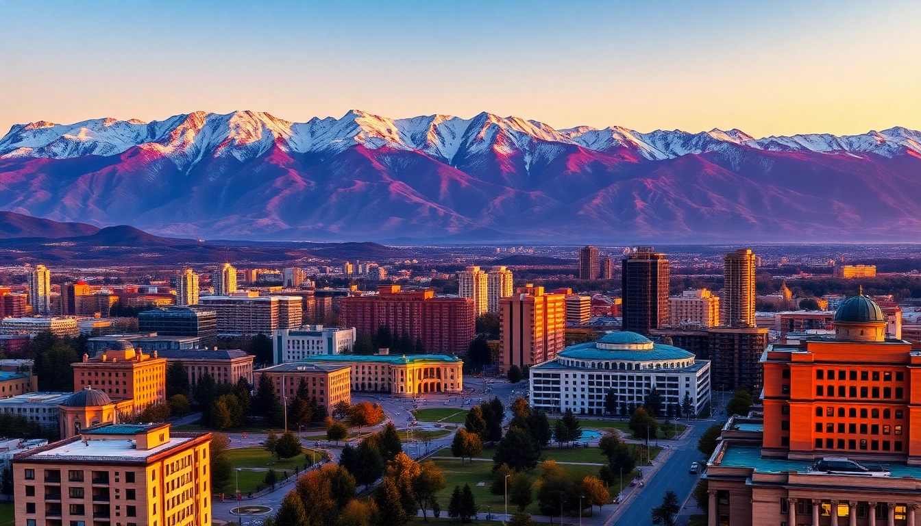 Discover the beauty of Almaty, Kazakhstan, at sunset, as captured in a stunning aerial view for https://albmaftoh.com.