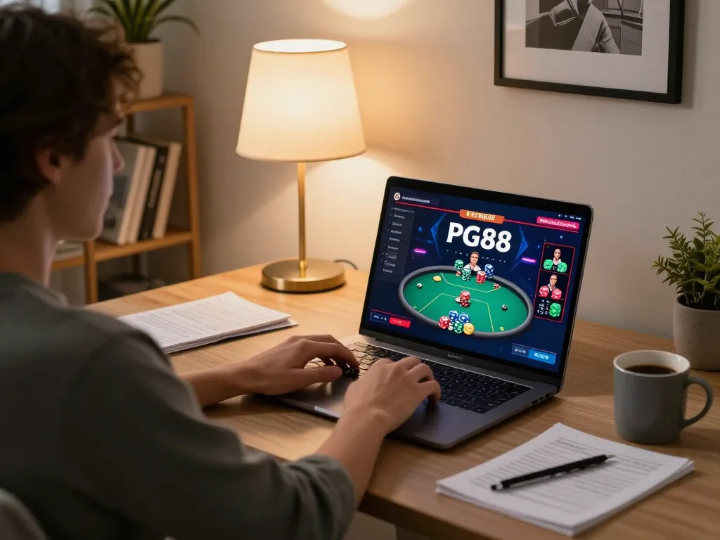 Engaging in PG88 online poker strategy at a cozy home workspace with laptop and strategy notes
