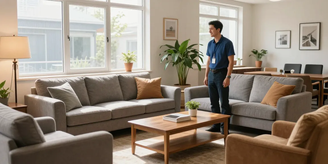شراء أثاث مستعمل بالرياض with a professional examining quality second-hand furniture in a bright living room.