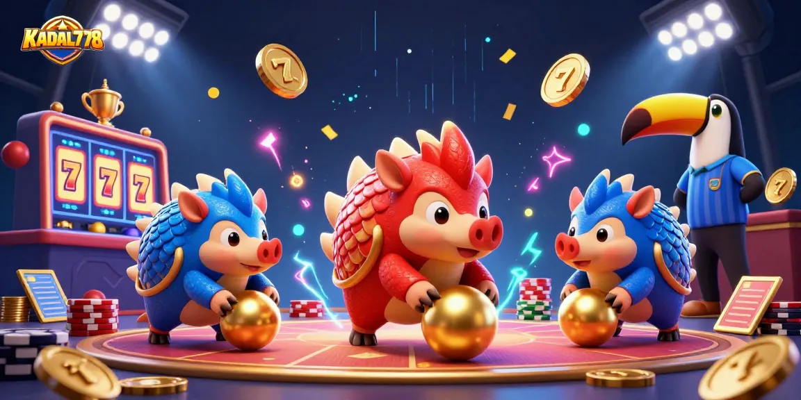 KADAL778 features vibrant rival pangolins in a dynamic casino scene with rolling golden balls and poker chips.