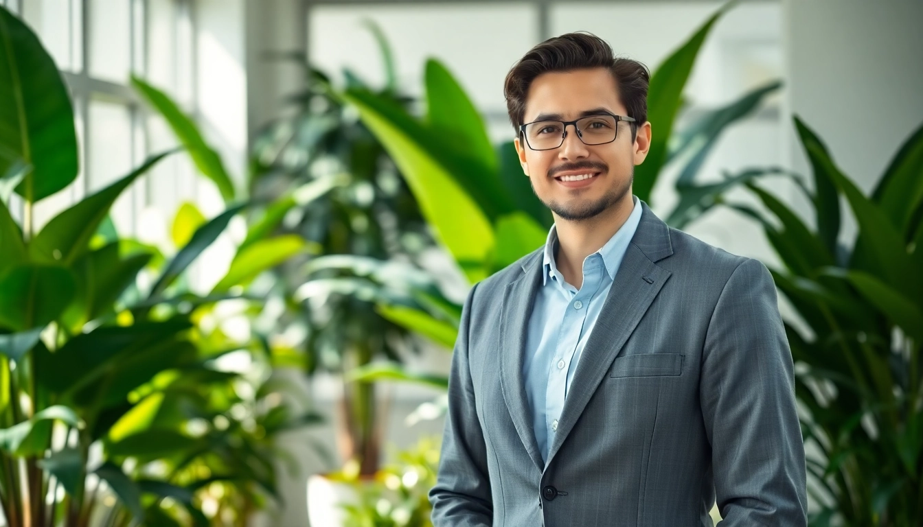 A dedicated environmental lawyer consulting in an eco-friendly office with greenery.