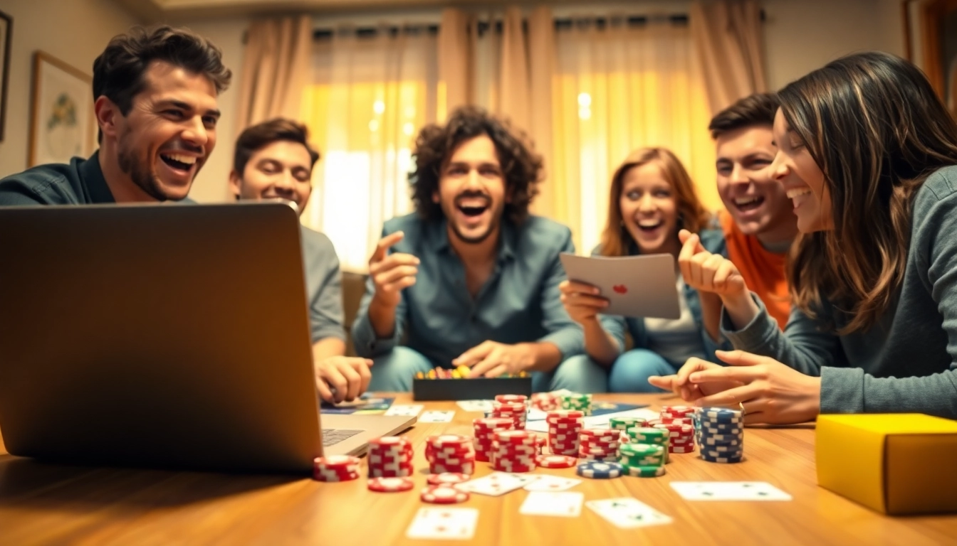 Freunde genießen online casino spielen in gemütlicher Umgebung und strahlen Freude aus.