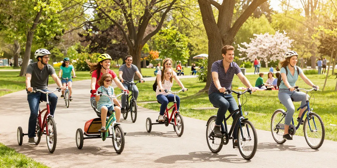 Adults and children joyfully riding tricycles in a sunny park setting, showcasing fun and freedom.