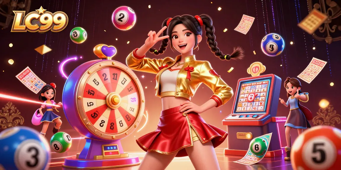 Engage with LC99's vibrant lottery experience, featuring colorful balls and a lively prize wheel.