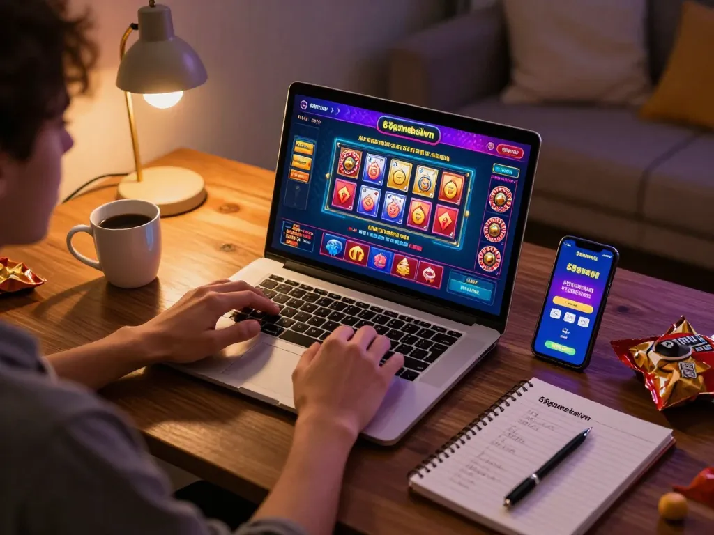Engaging in online gaming at home on 68gamebaivn, showcasing vibrant casino game interface and cozy atmosphere.