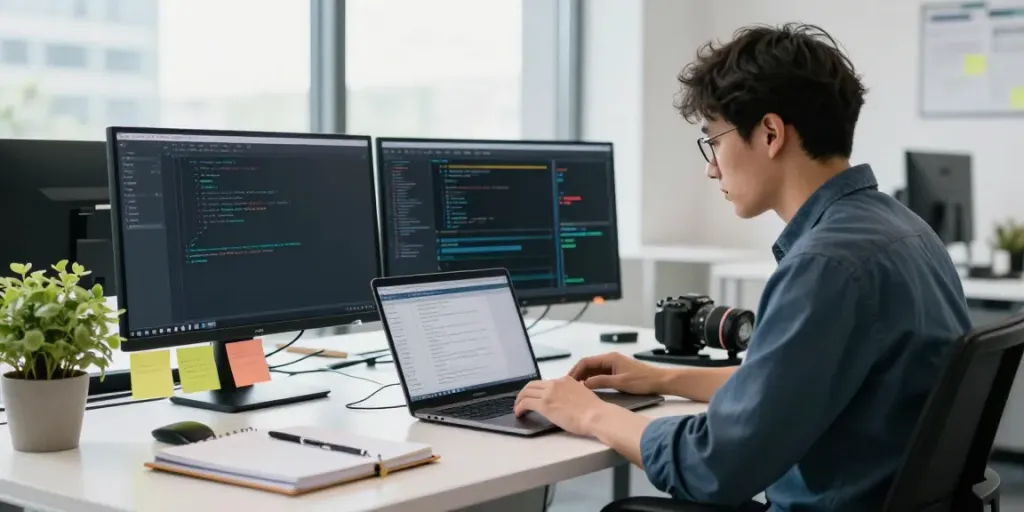 Data scientist using a dataset finder in a modern workspace with analytics on screens.