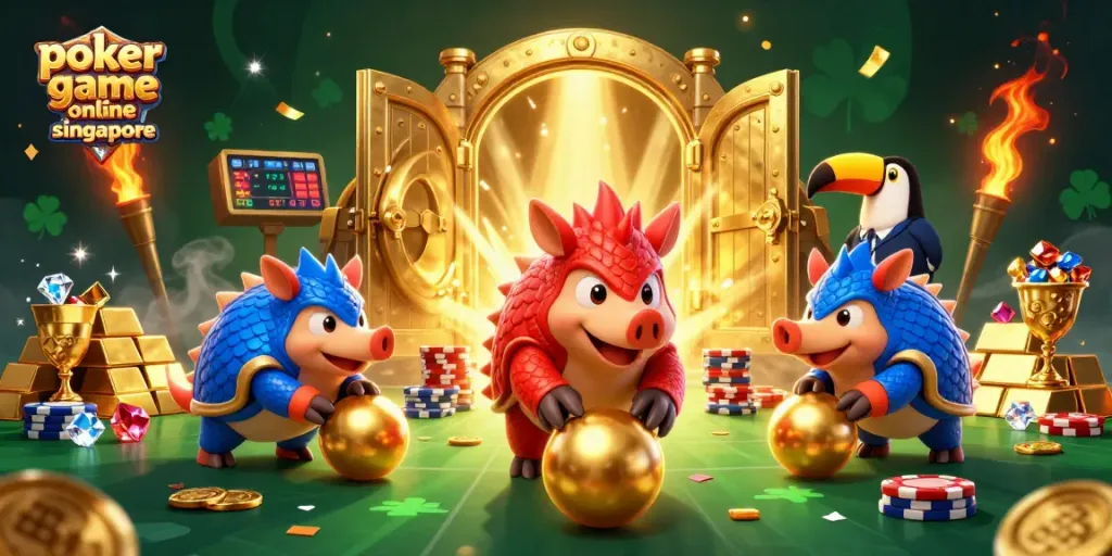 Paddle through poker chips in a vibrant, animated scene showcasing competition in a poker game online Singapore.